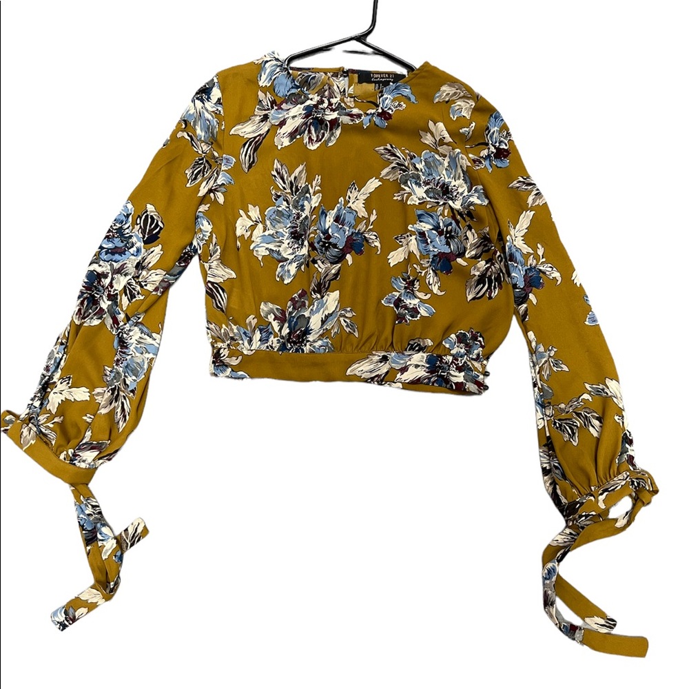 Forever 21 sheer floral cropped long sleeve top with ties